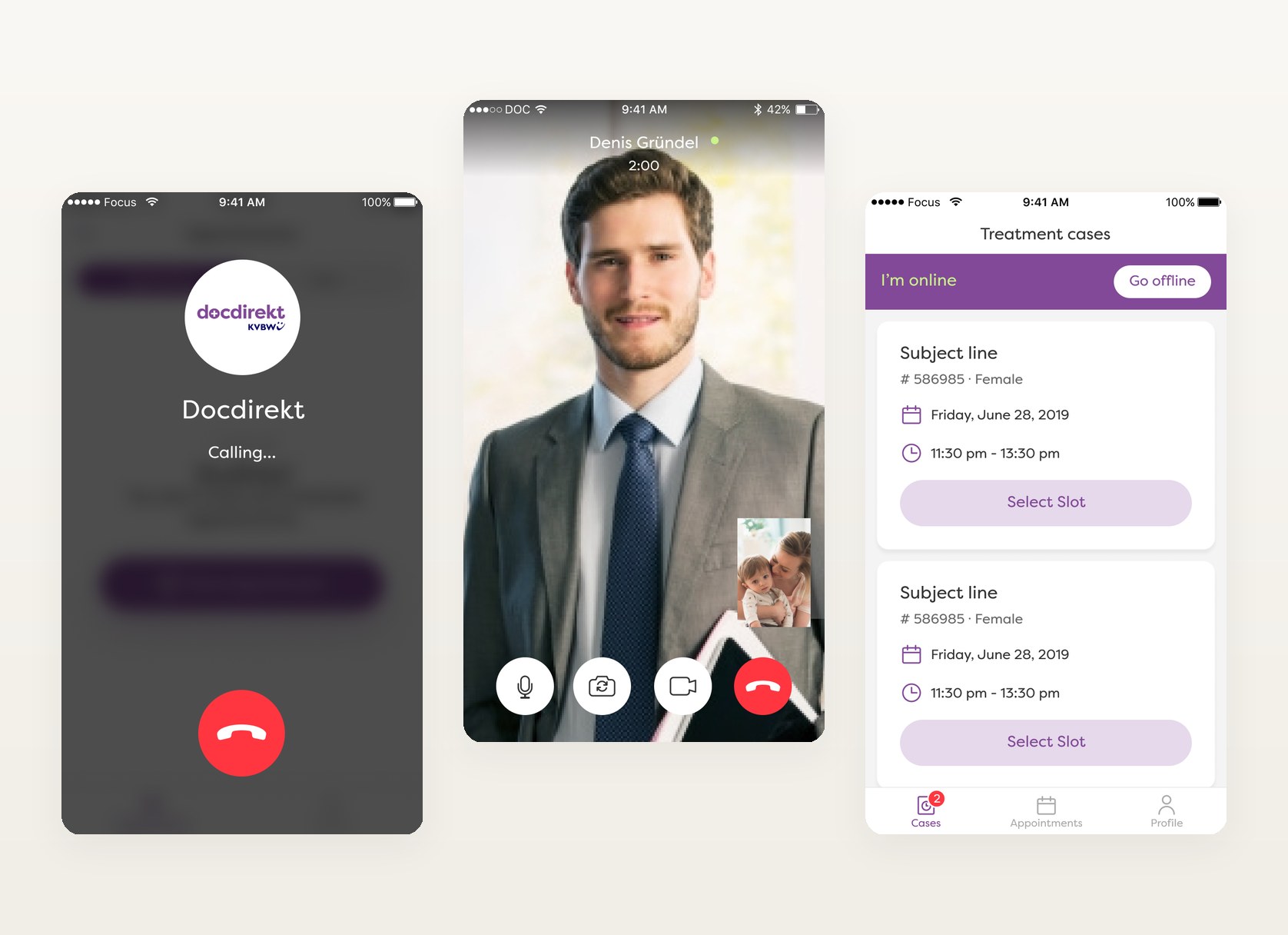 Docdirekt telemedicine app — patient calling docdirekt, encrypted video consultation, and the doctor's treatment cases queue