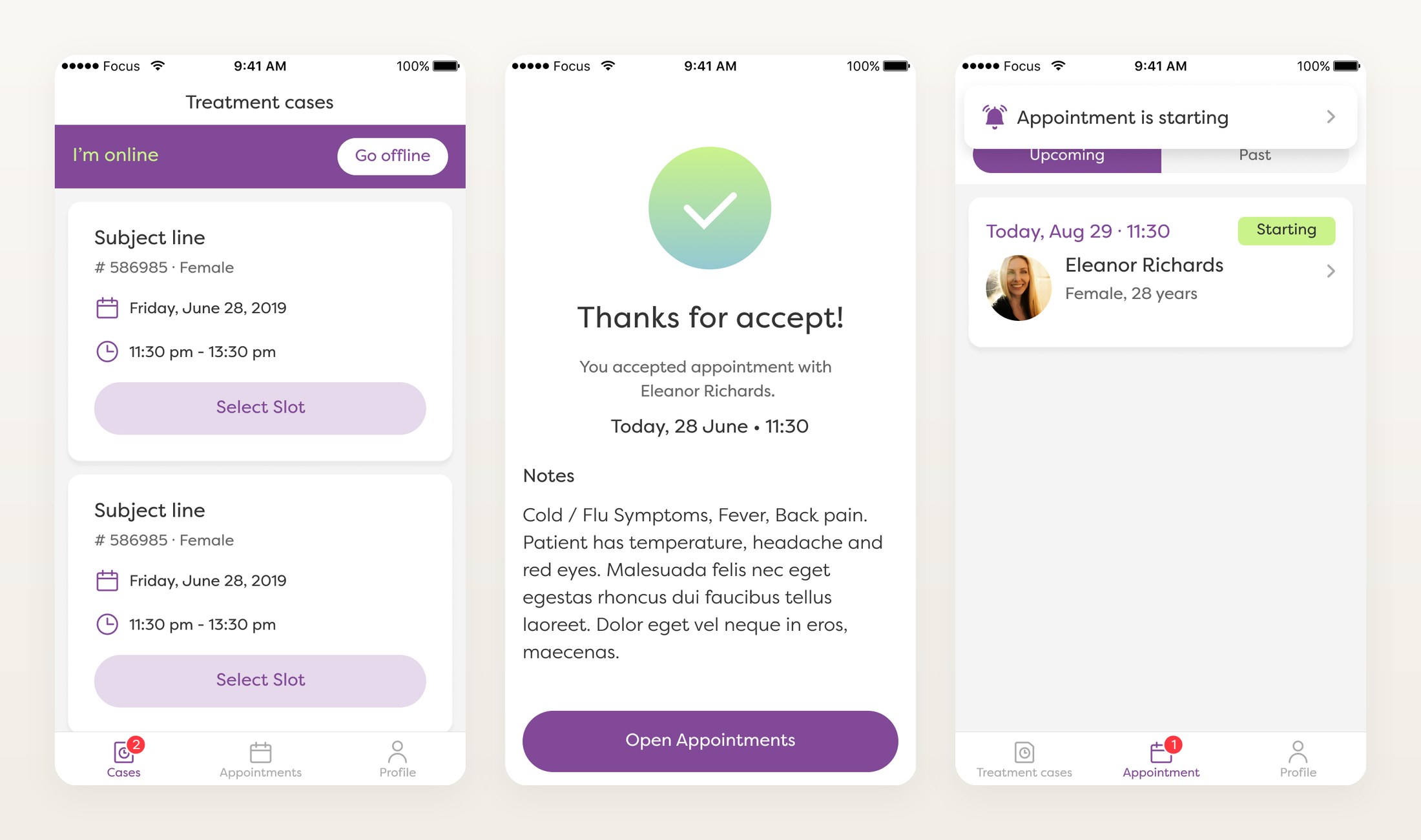 Three doctor-flow screens: treatment cases queue with online/offline toggle, confirmation after accepting an appointment, and the appointment starting notification