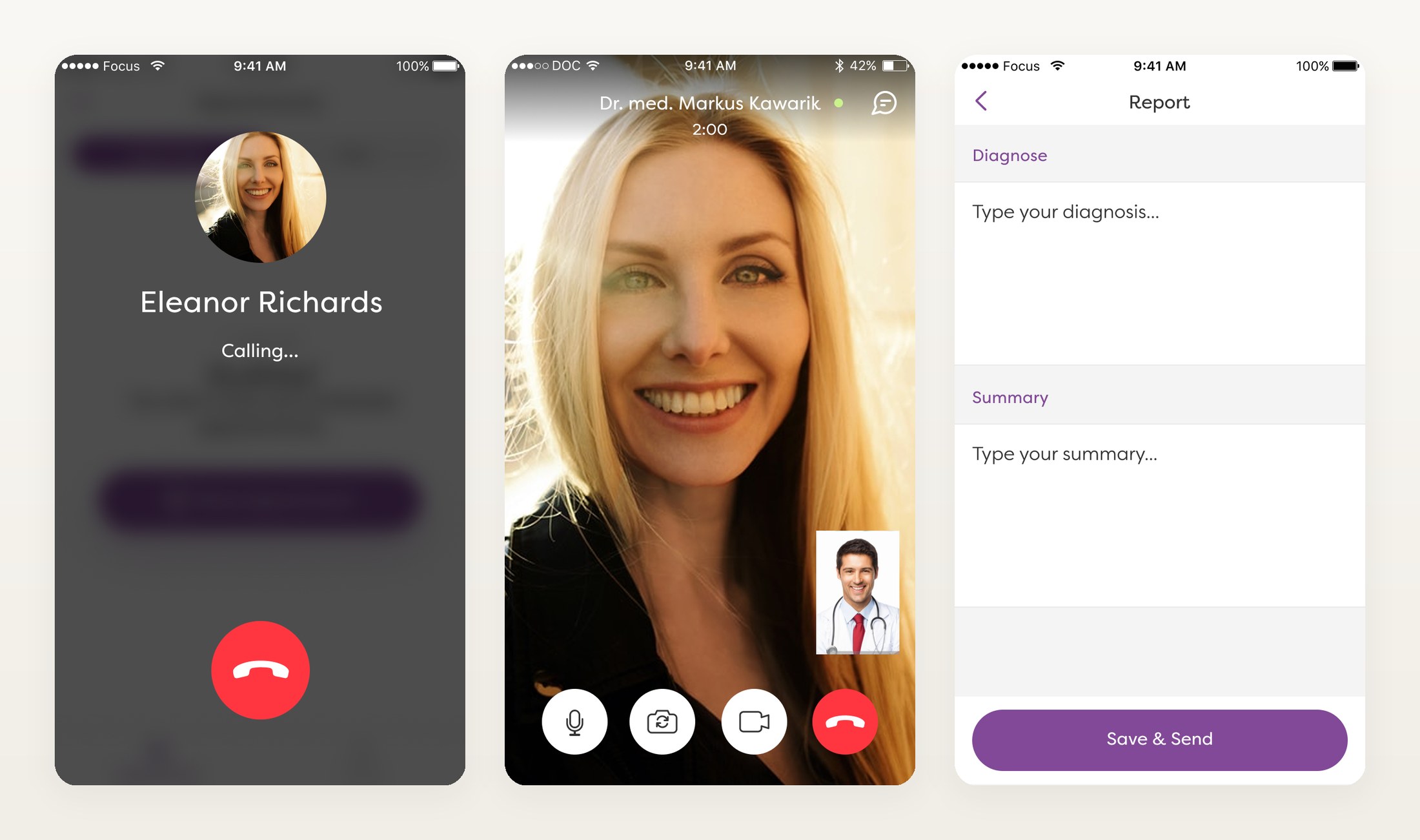 Three doctor-flow screens: calling the patient, the encrypted video consultation, and the report form with diagnosis and summary fields