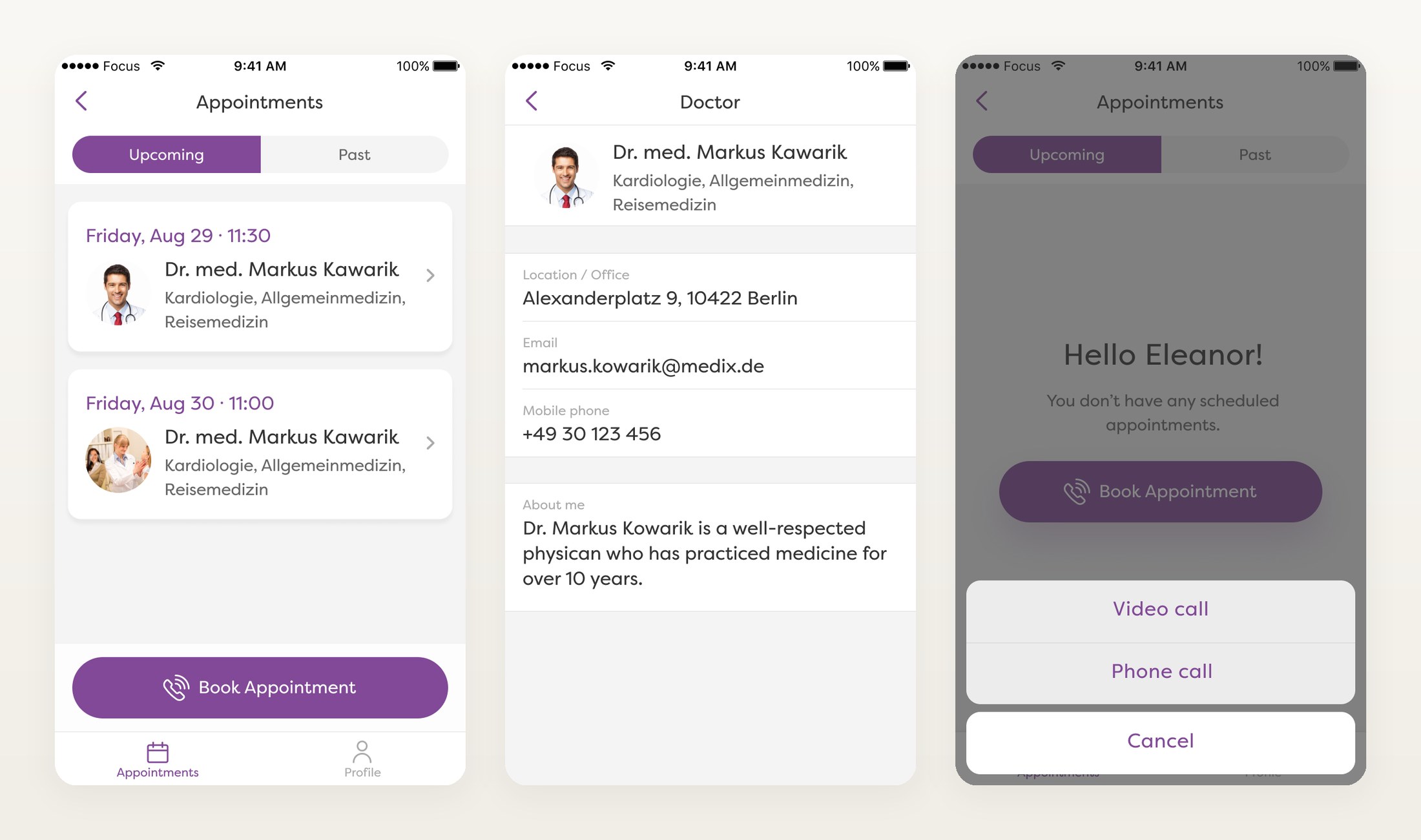 Three patient-flow screens: upcoming appointments list, doctor's public profile, and an action sheet offering a video call or phone call