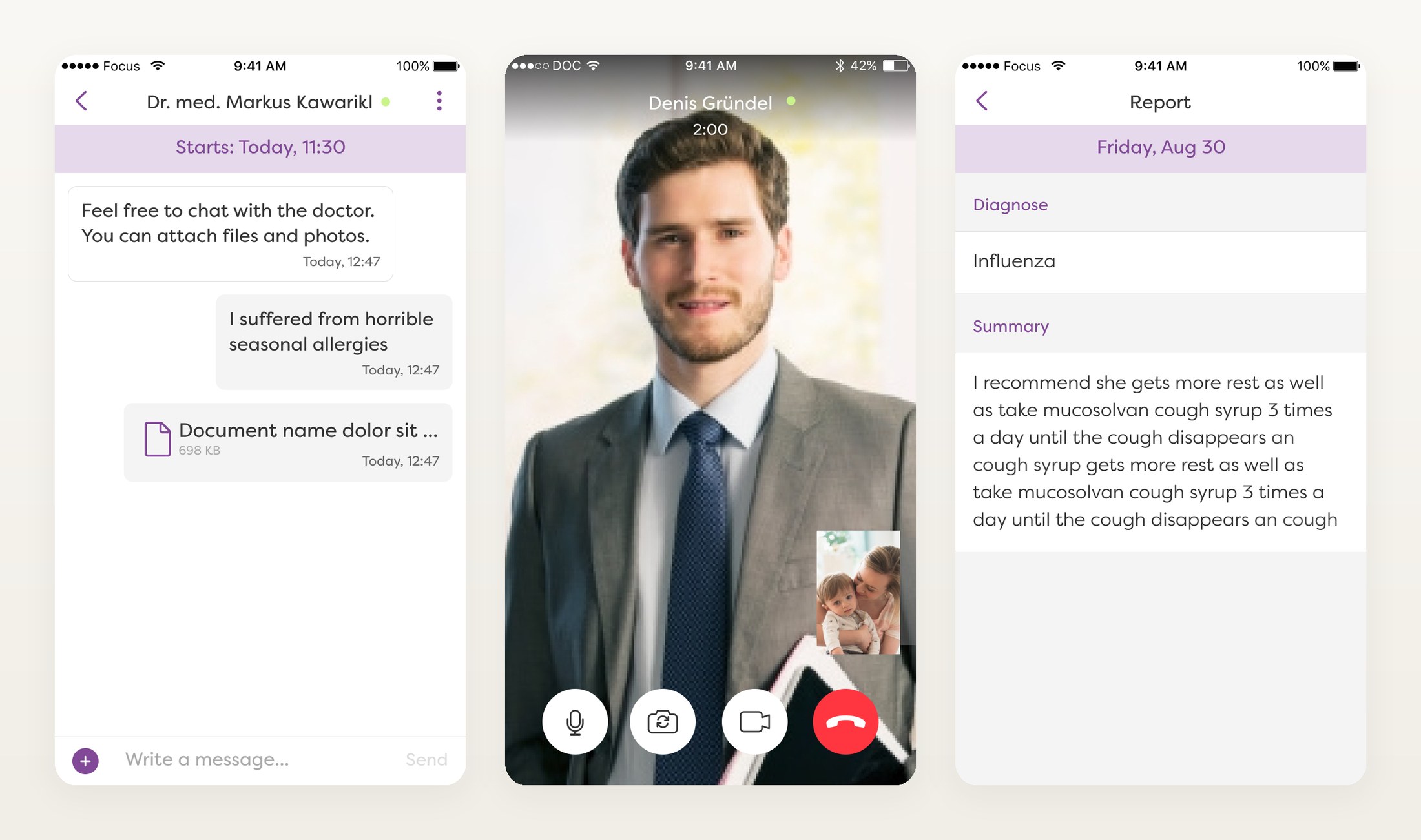 Three patient-flow screens: chat with the doctor with file sharing, an encrypted video call with the medical assistant, and the final report with diagnosis and summary