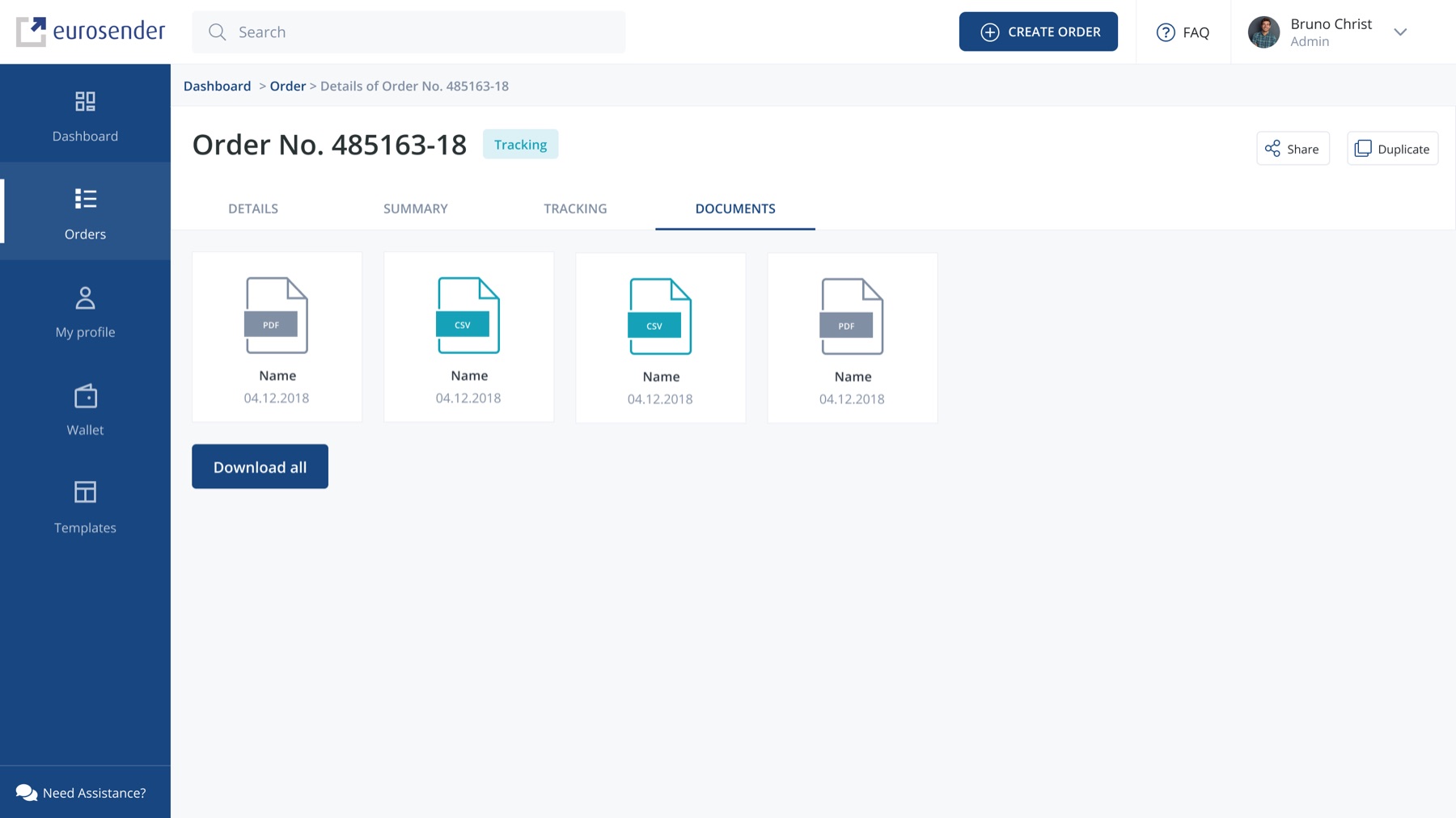 Documents tab of an order listing PDF and CSV files with dates and a download-all button