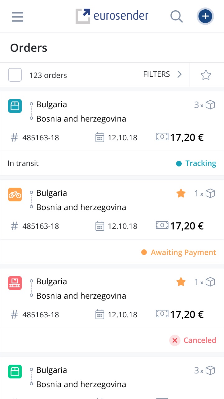 Mobile orders list with route, price, date, and color-coded statuses like Tracking, Awaiting Payment, and Canceled
