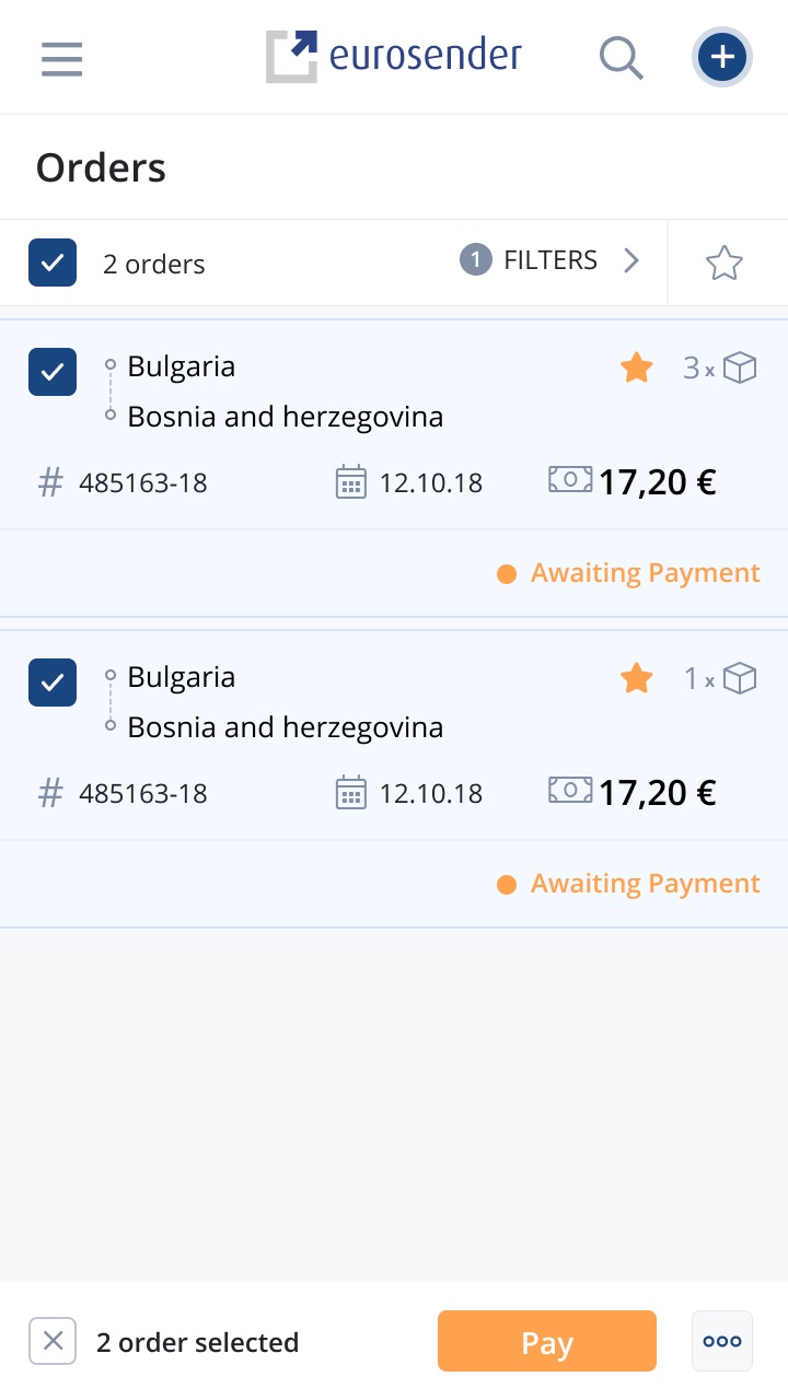 Mobile batch selection of two orders awaiting payment with a single Pay button in the bottom bar