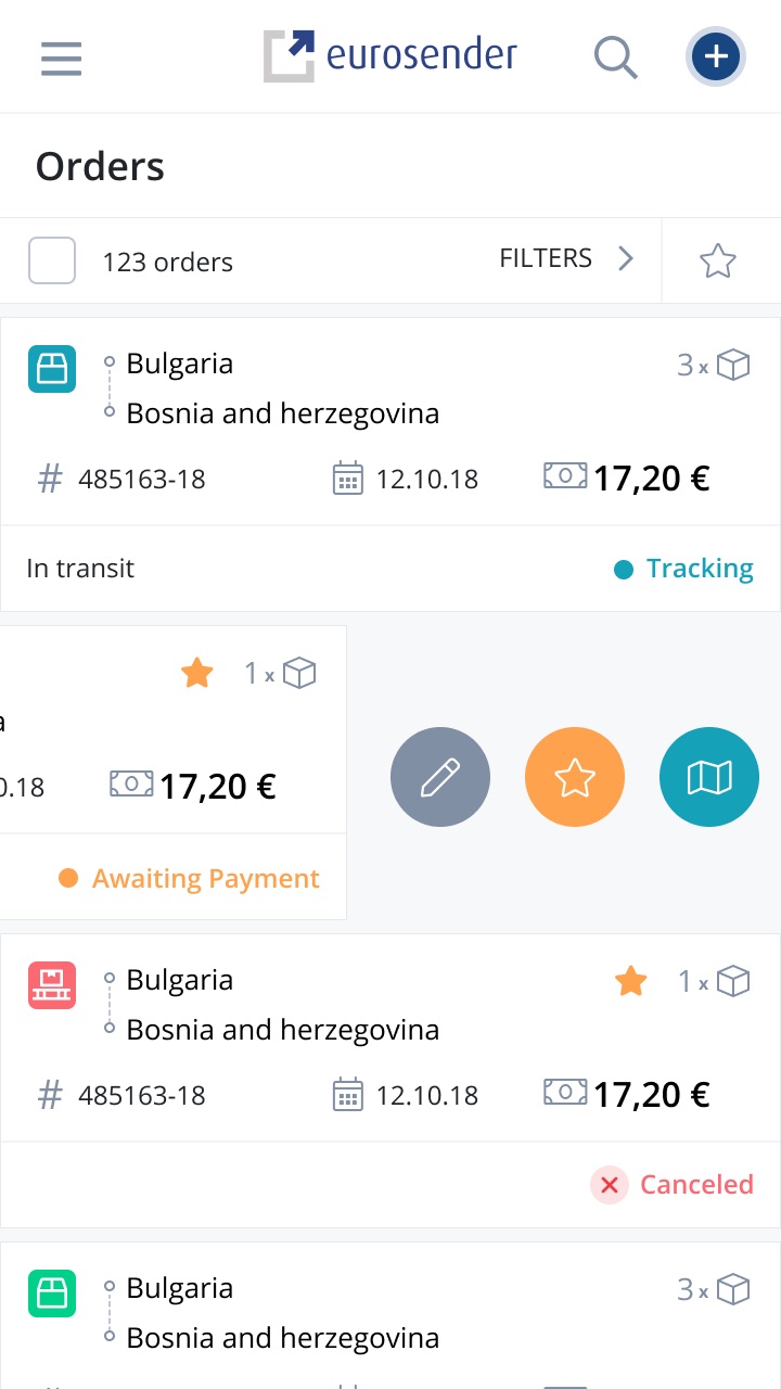 Mobile order card swiped left to reveal quick actions: edit, favorite, and track on map