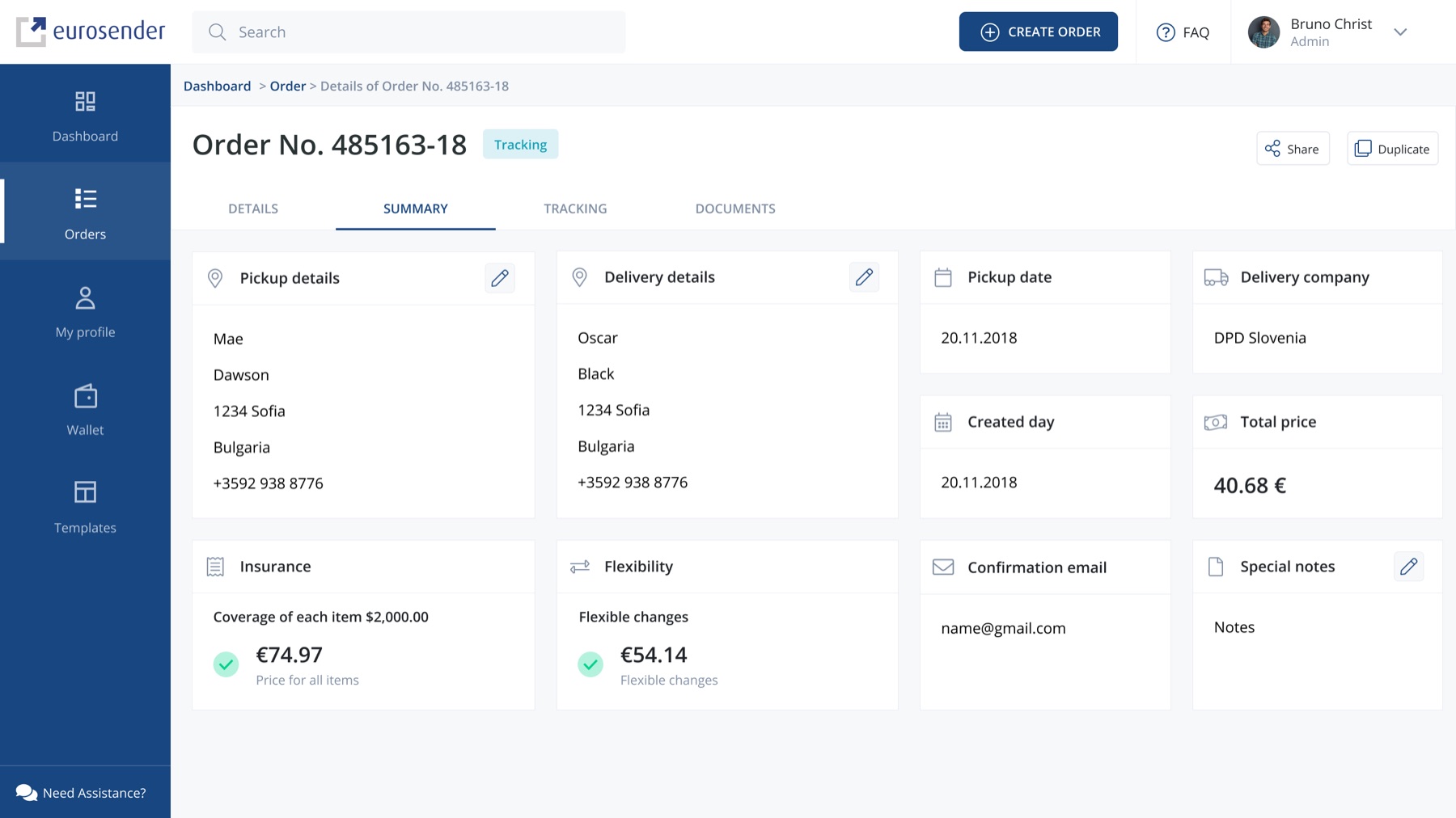 Order summary tab showing editable pickup and delivery details, dates, courier, insurance, flexibility options, and total price in clear cards