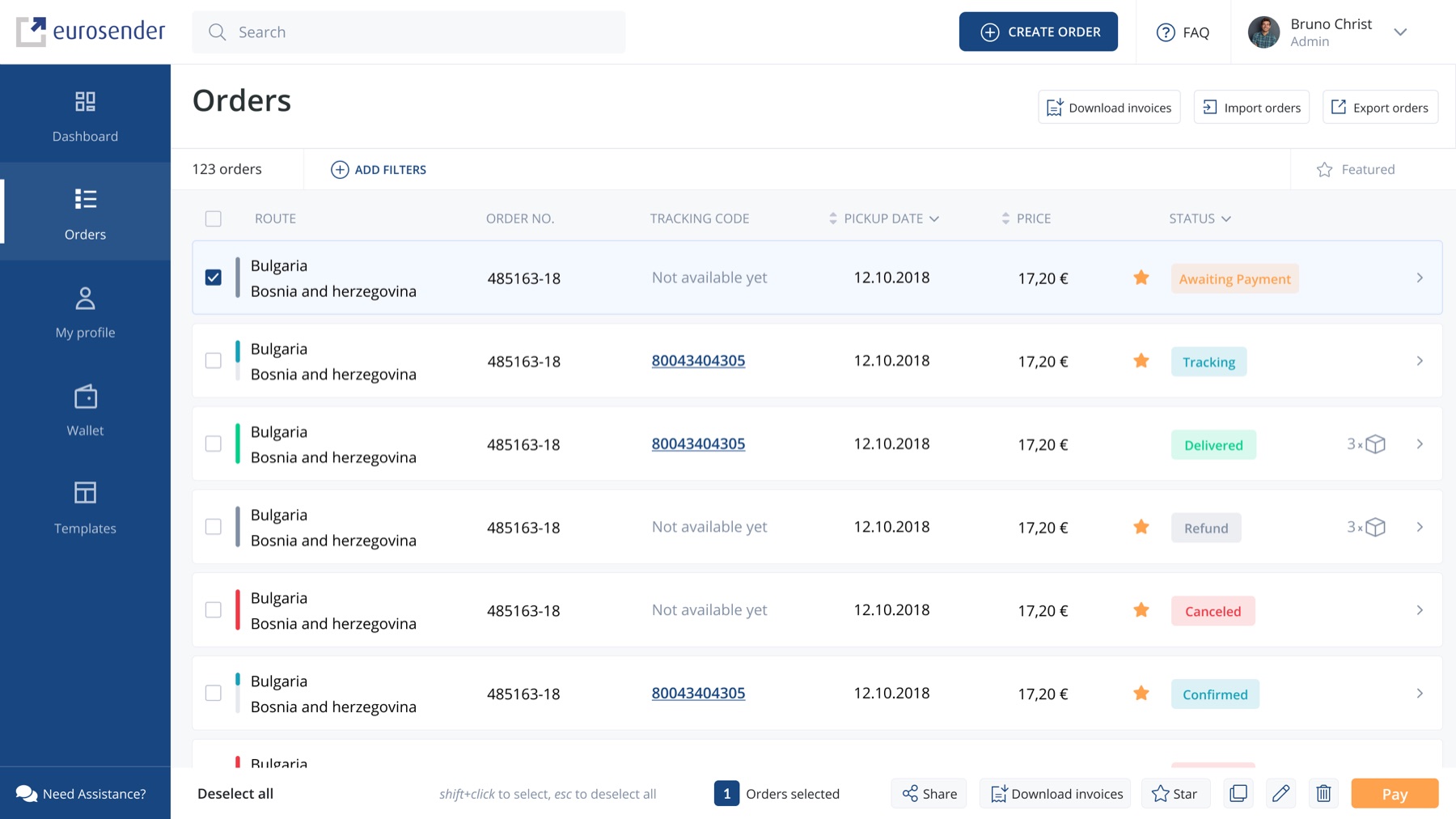 Orders list with route, tracking code, pickup date, price, and color-coded statuses, plus filters, batch selection, and bulk actions like pay and download invoices
