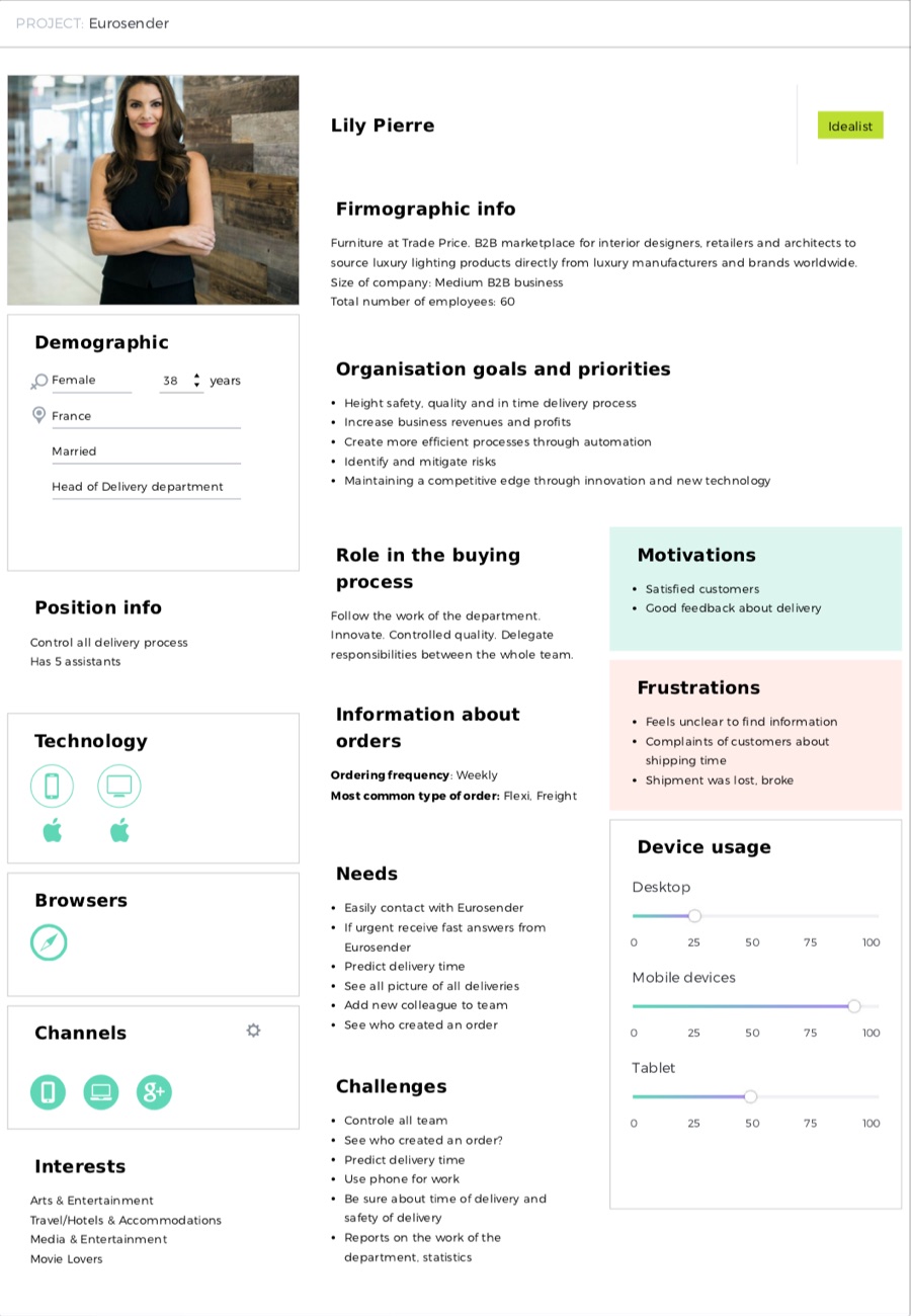 Persona sheet for Lily Pierre, an idealist head of delivery department at a B2B furniture marketplace: leads a team of five, needs oversight of all deliveries and who created each order