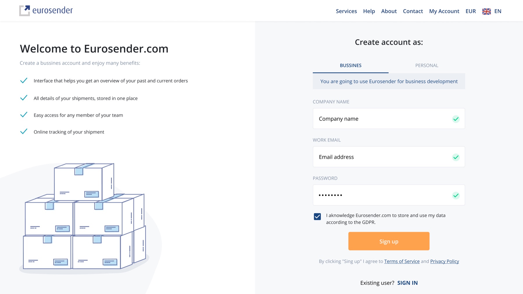 Sign-up screen with separate business and personal account paths, benefit checklist, and a short three-field form