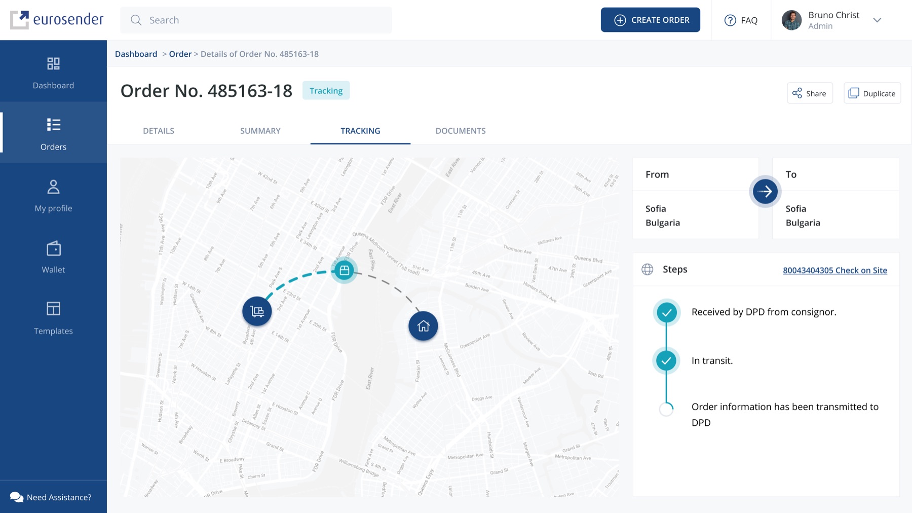 Order tracking view: a live map showing the shipment route between pickup and delivery points, with courier checkpoints and a step-by-step status timeline