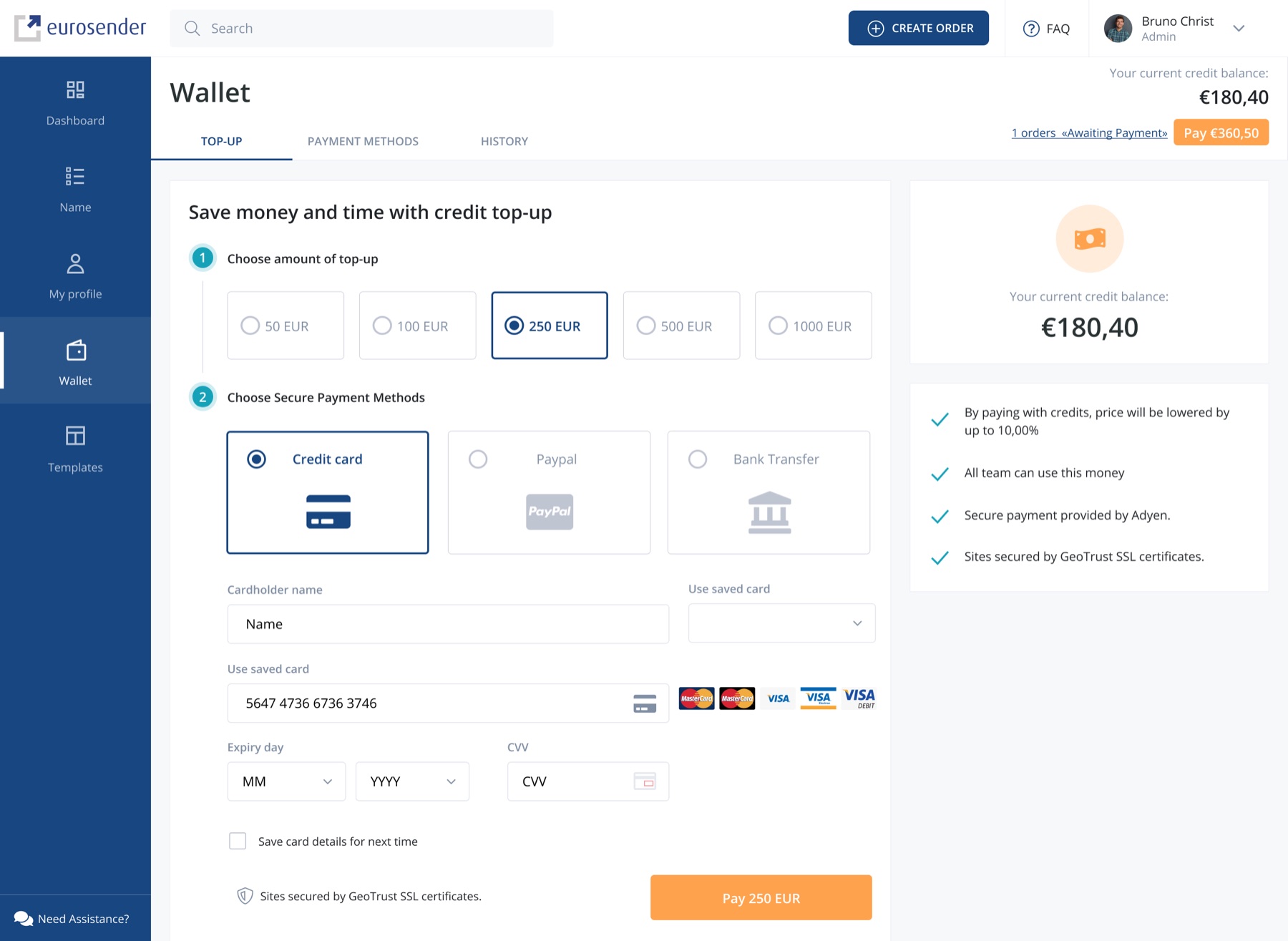 Wallet top-up flow: choose a credit amount, pick a secure payment method, and pay — with credit balance and benefits shown alongside
