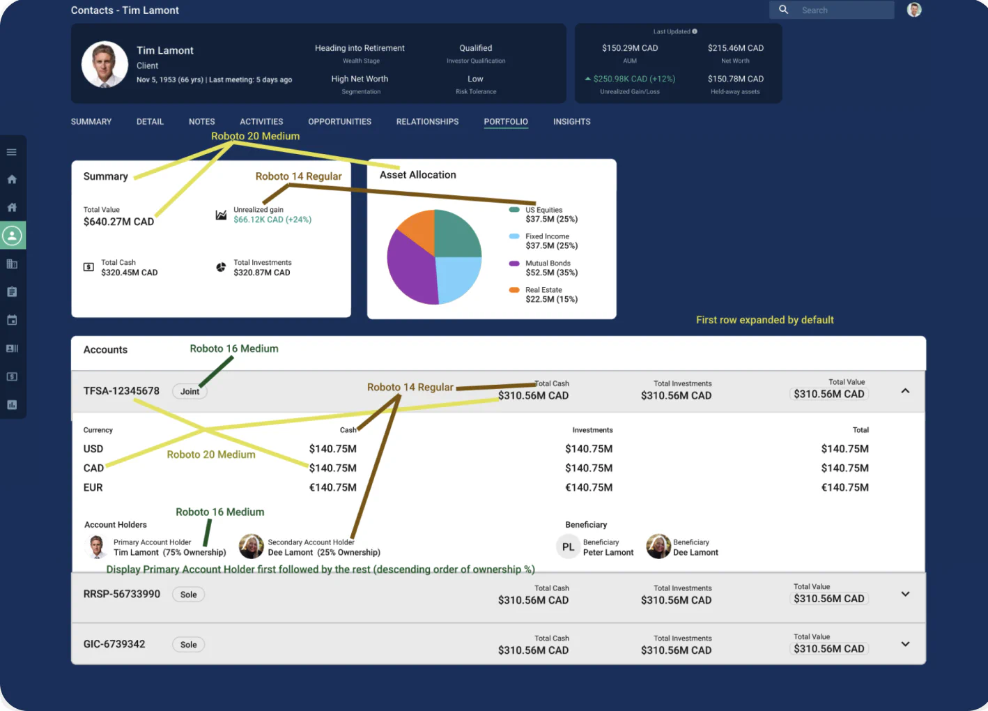 Before: the old dark, cluttered accounts dashboard mixing multiple currencies with no clear totals