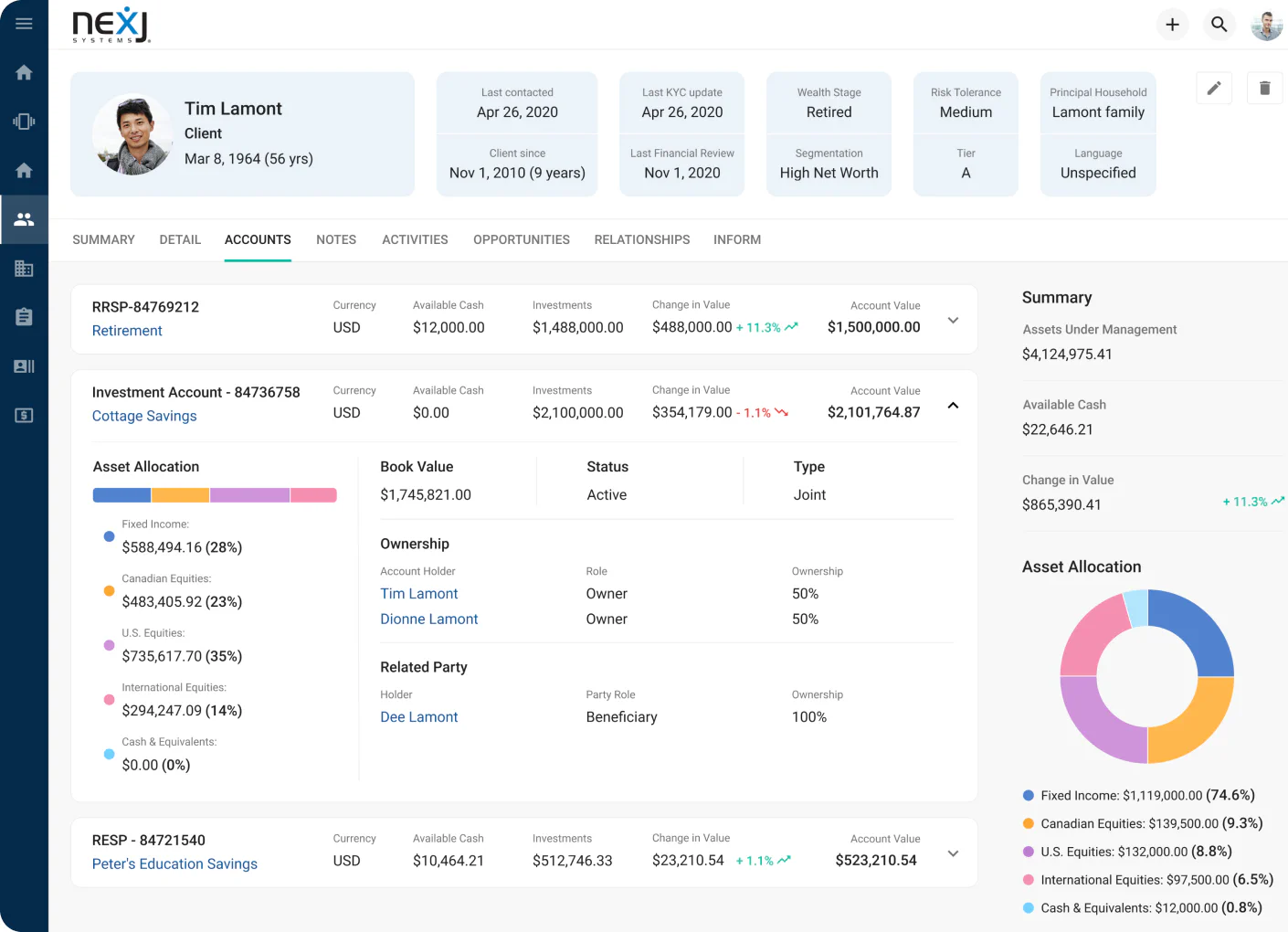 After: the redesigned light financial-accounts view with a unified $4.12M AUM summary, bold performance indicators, and clean charts