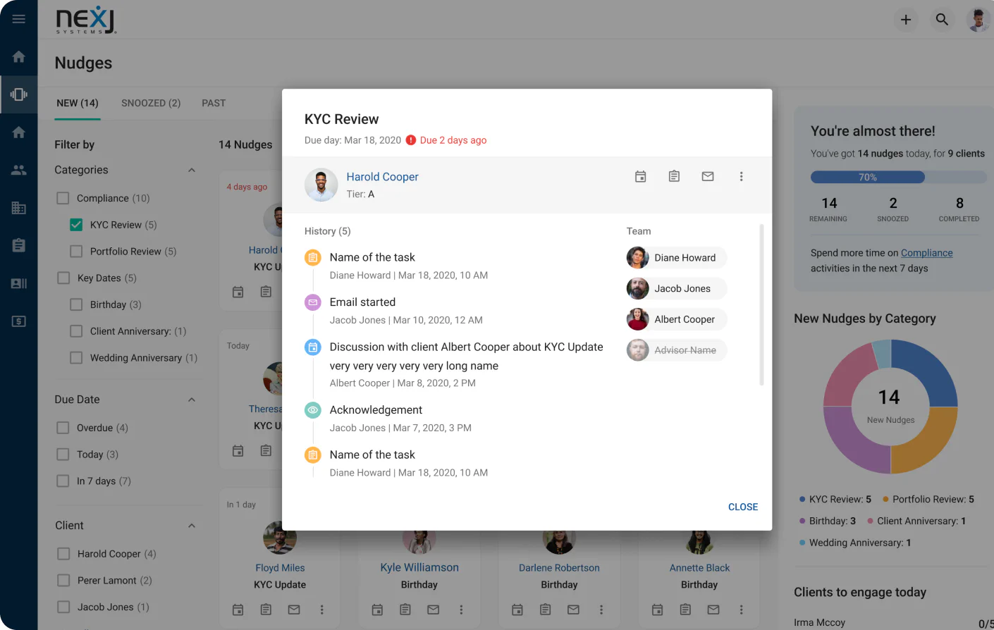 History and activity panel showing team activity, follow-up actions, and previous nudge-related updates