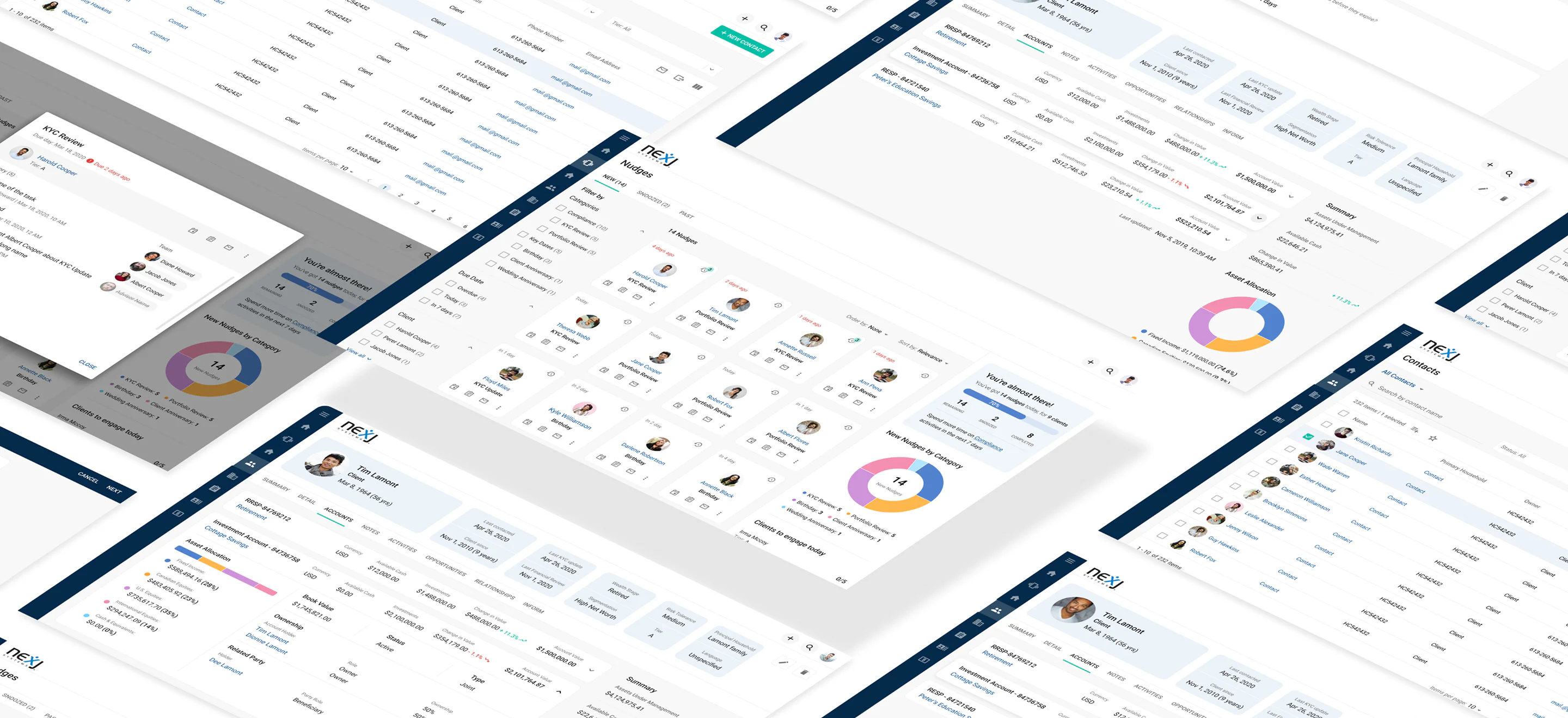 The redesigned NexJ Nudge Workspace: a light CRM dashboard surfacing prioritized next-best-action nudges alongside a clear financial-accounts summary