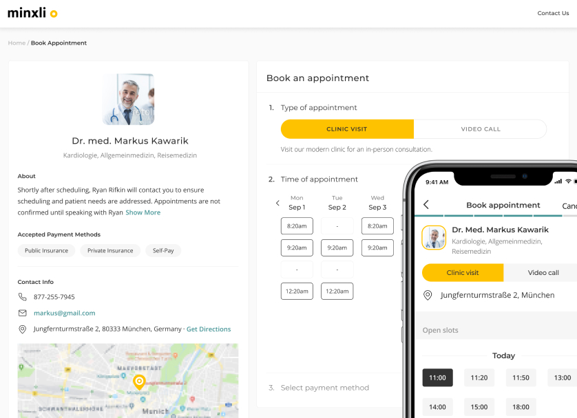 Online-to-offline healthcare platform — responsive website, self-check-in iOS app, and doctor/patient portals