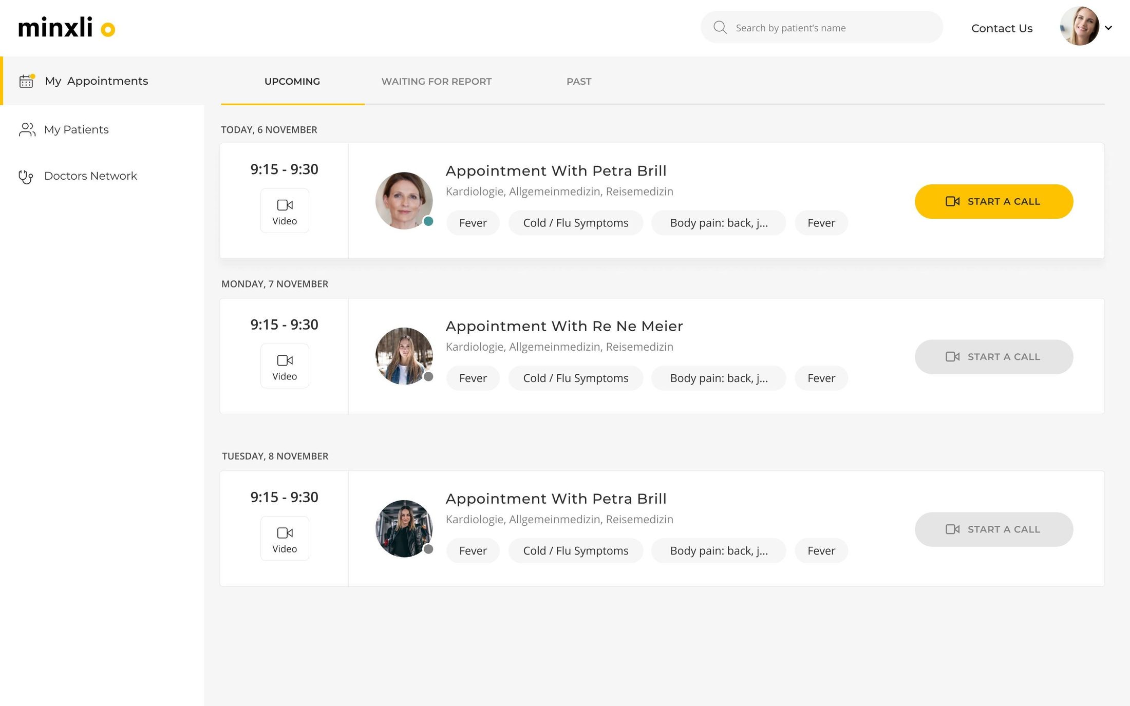 Doctor's admin panel: upcoming video appointments with patient symptoms tags and start-a-call actions