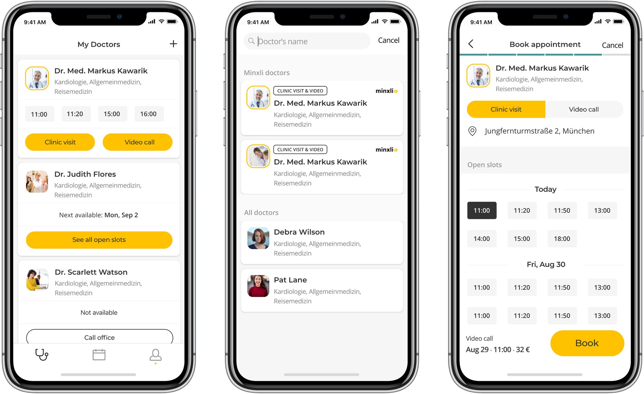 Three iPhone screens: My Doctors list with open slots, doctor search, and picking an appointment time for clinic visit or video call