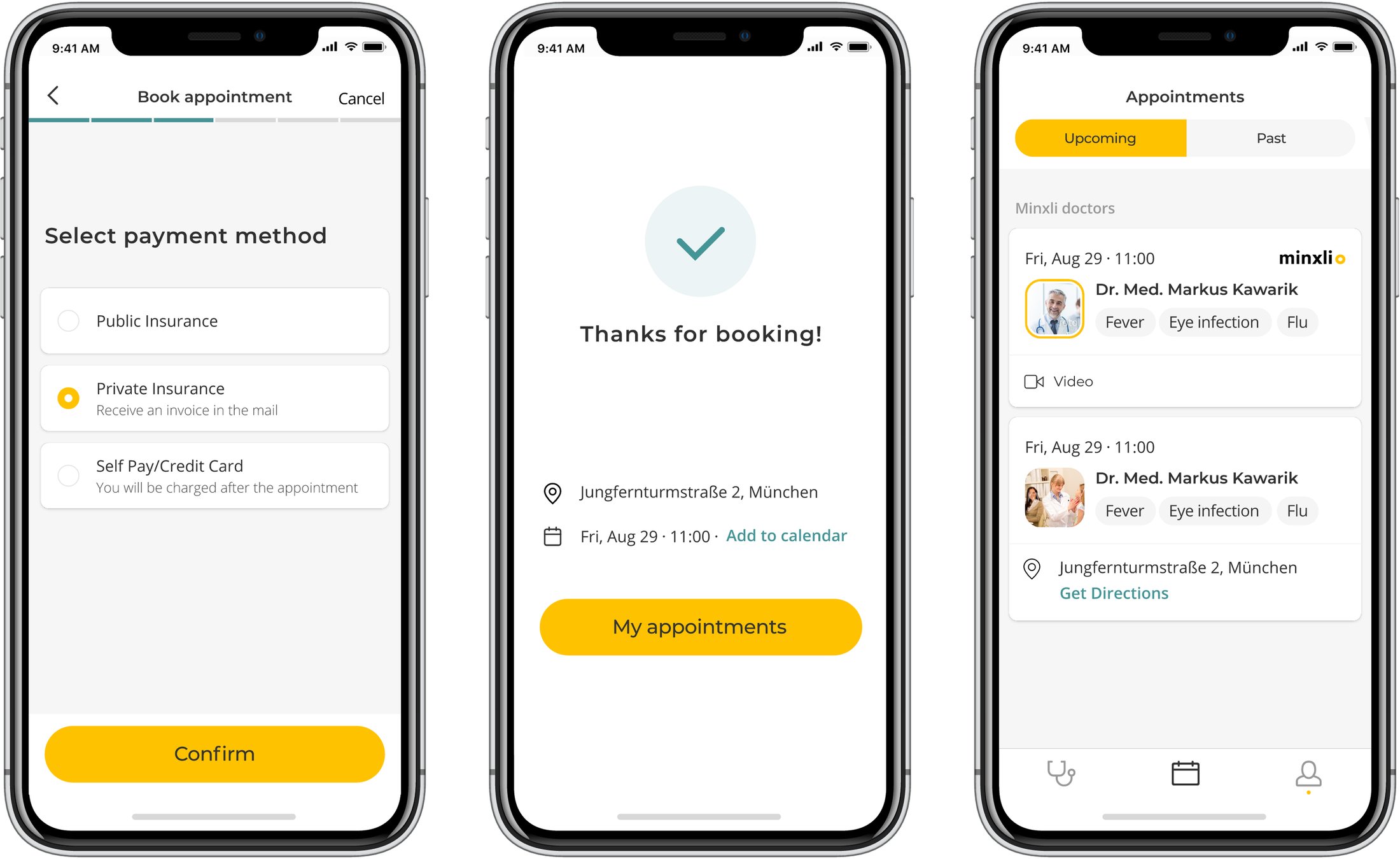 Three iPhone screens: selecting a payment method, booking confirmation with add-to-calendar, and the upcoming appointments list