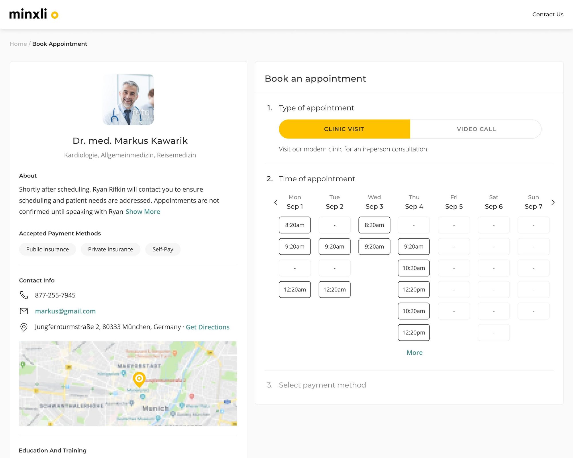 Web booking page: doctor profile with accepted payment methods, map, and a step-by-step appointment form with clinic visit or video call