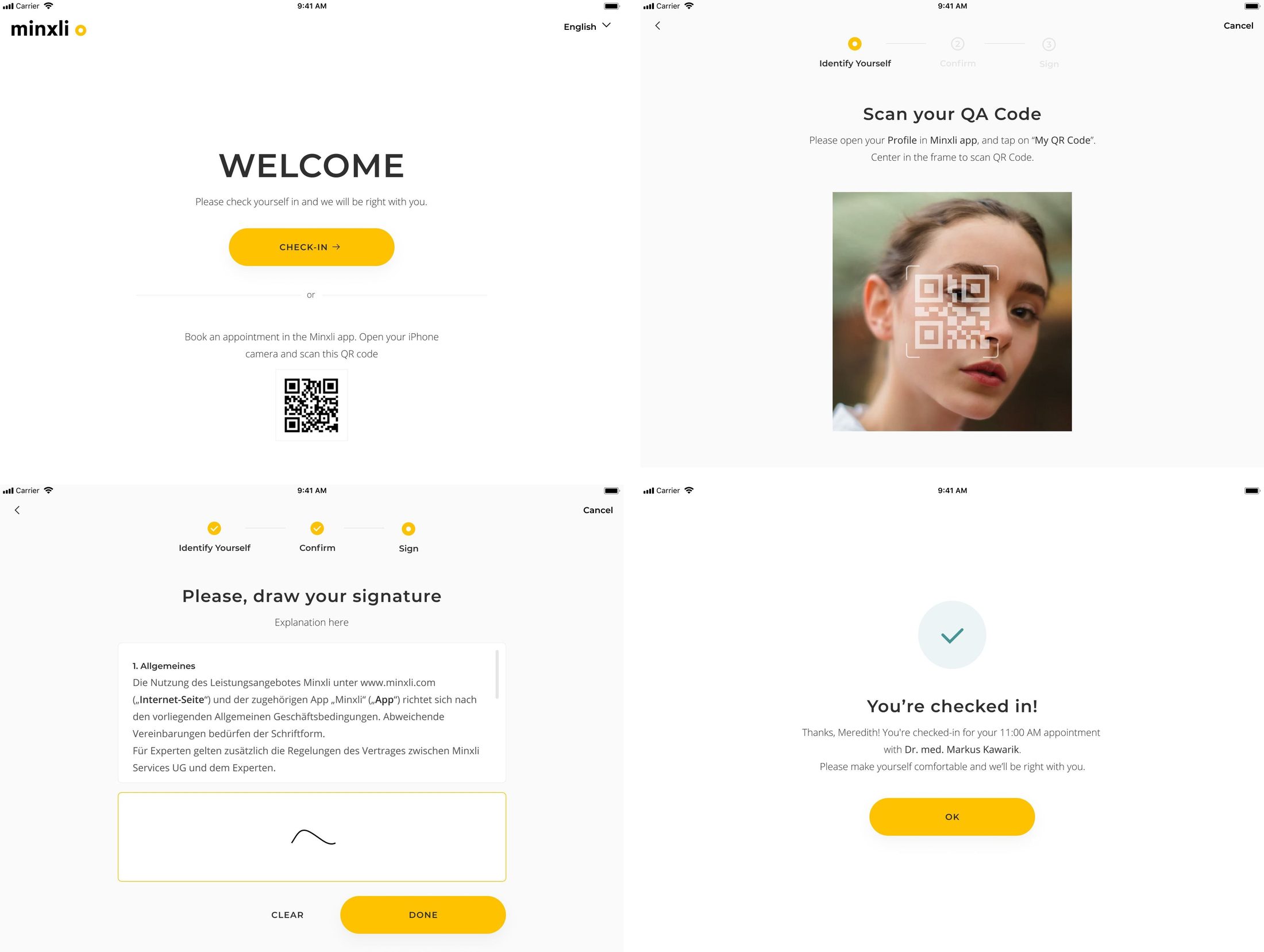 Four tablet screens of the self check-in app: welcome screen with QR code, scanning a personal QR code, signing consent, and check-in confirmation