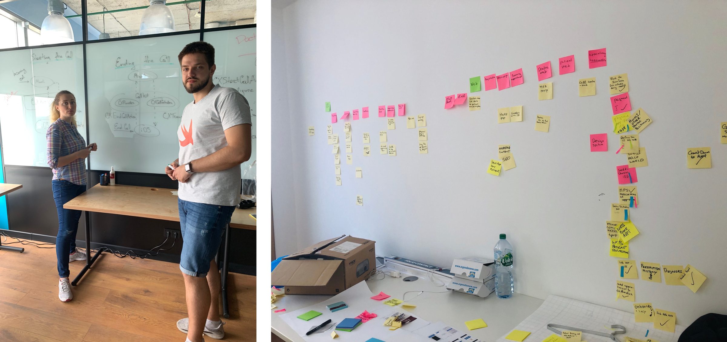 Workshop in Munich: facilitating at a whiteboard and a wall covered in sticky notes from the mapping sessions