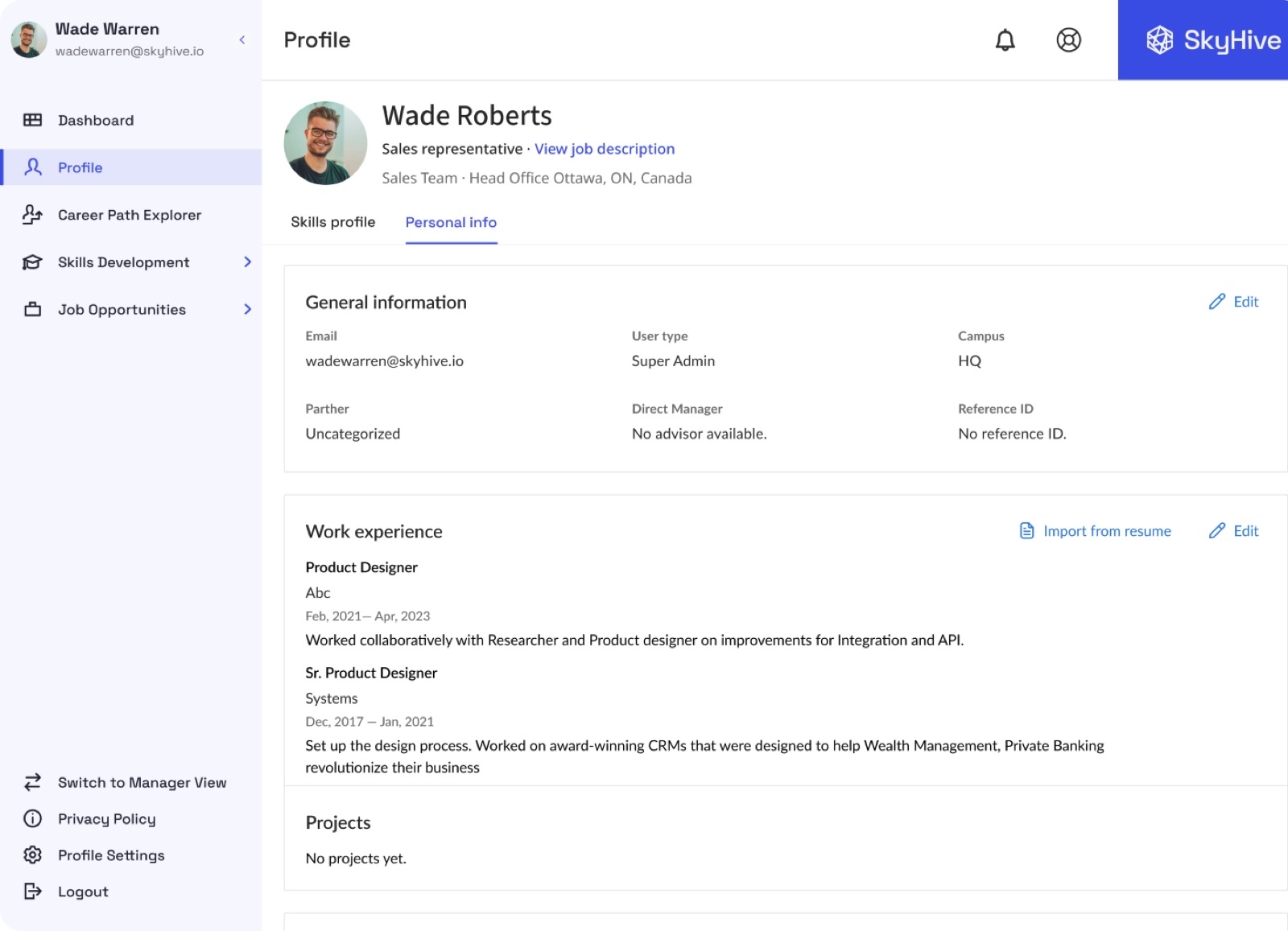 Personal information reorganized into its own tab, separate from the skills profile