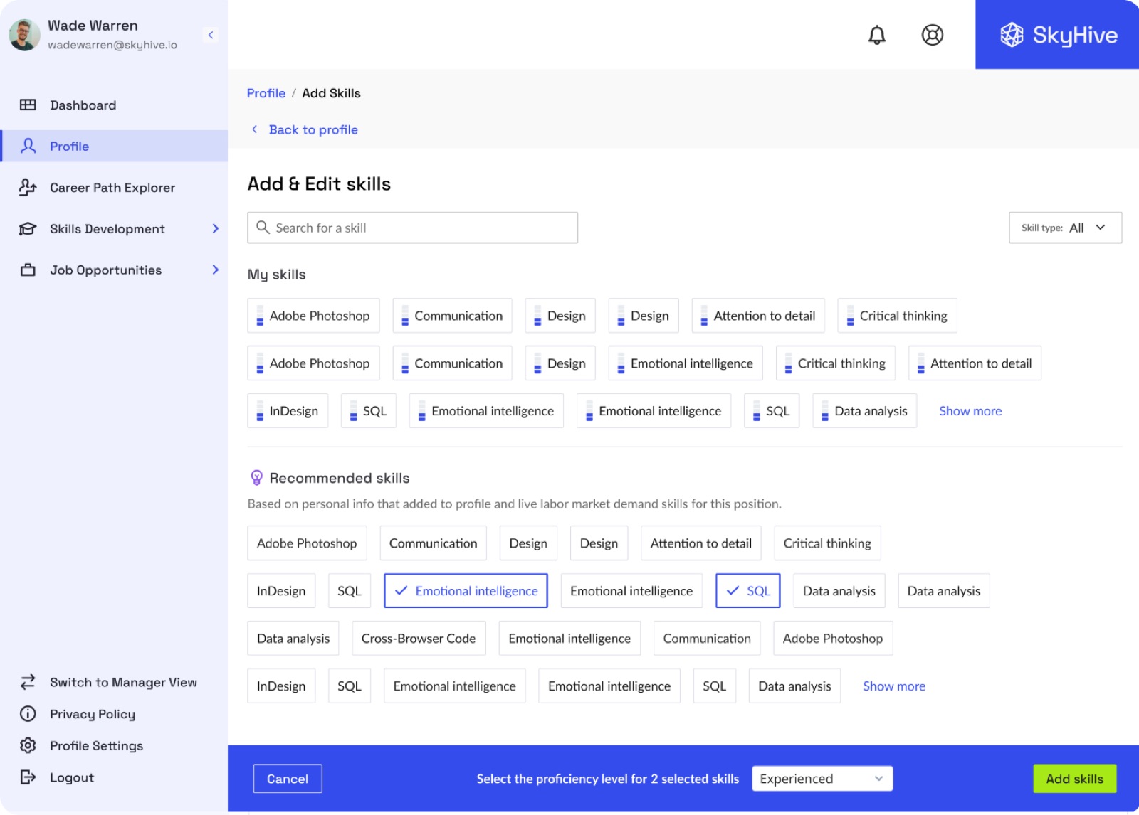Streamlined add-skill flow with multi-select and proficiency setting in one step