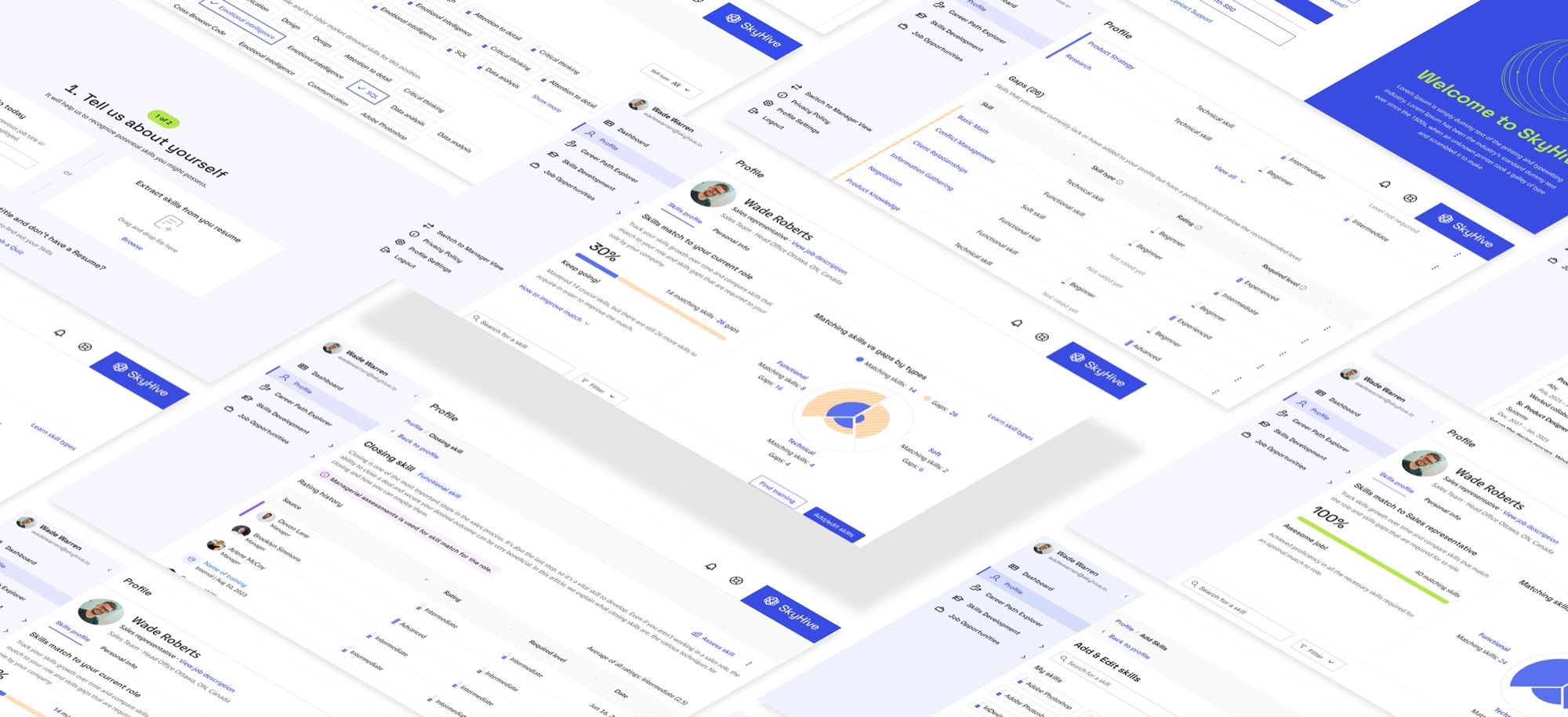 The redesigned SkyHive Employee Profile: a light skills dashboard showing skill match to role, matching skills versus gaps, and career tools