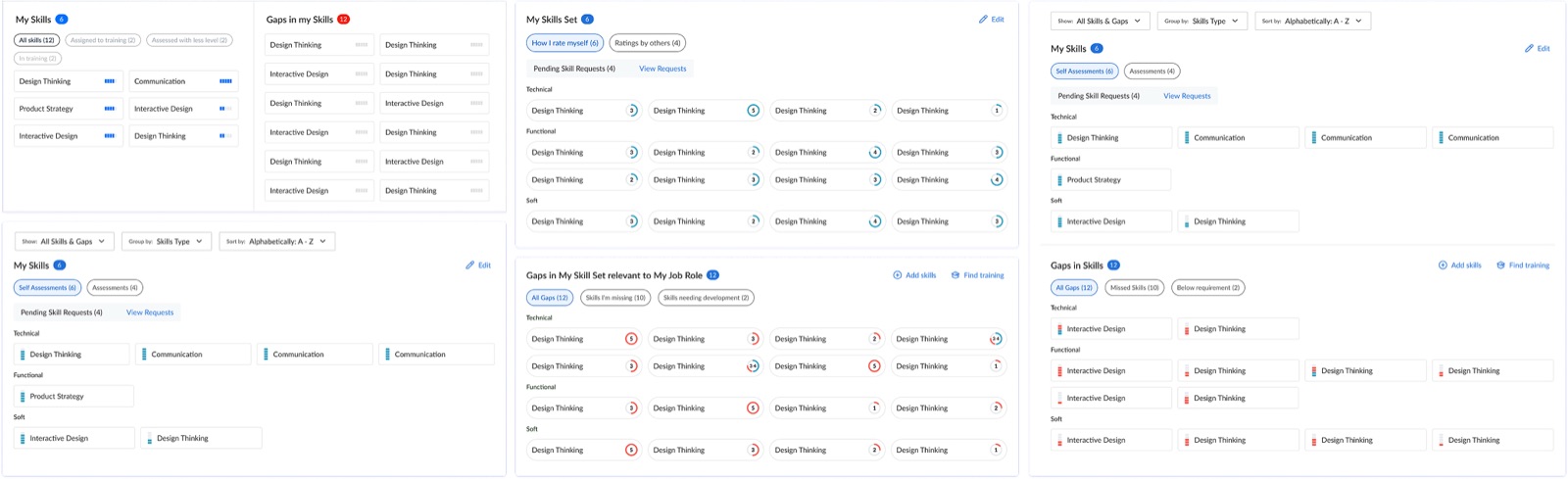 Skill management designs covering skills display, proficiency levels, search, and filtering for employees and managers
