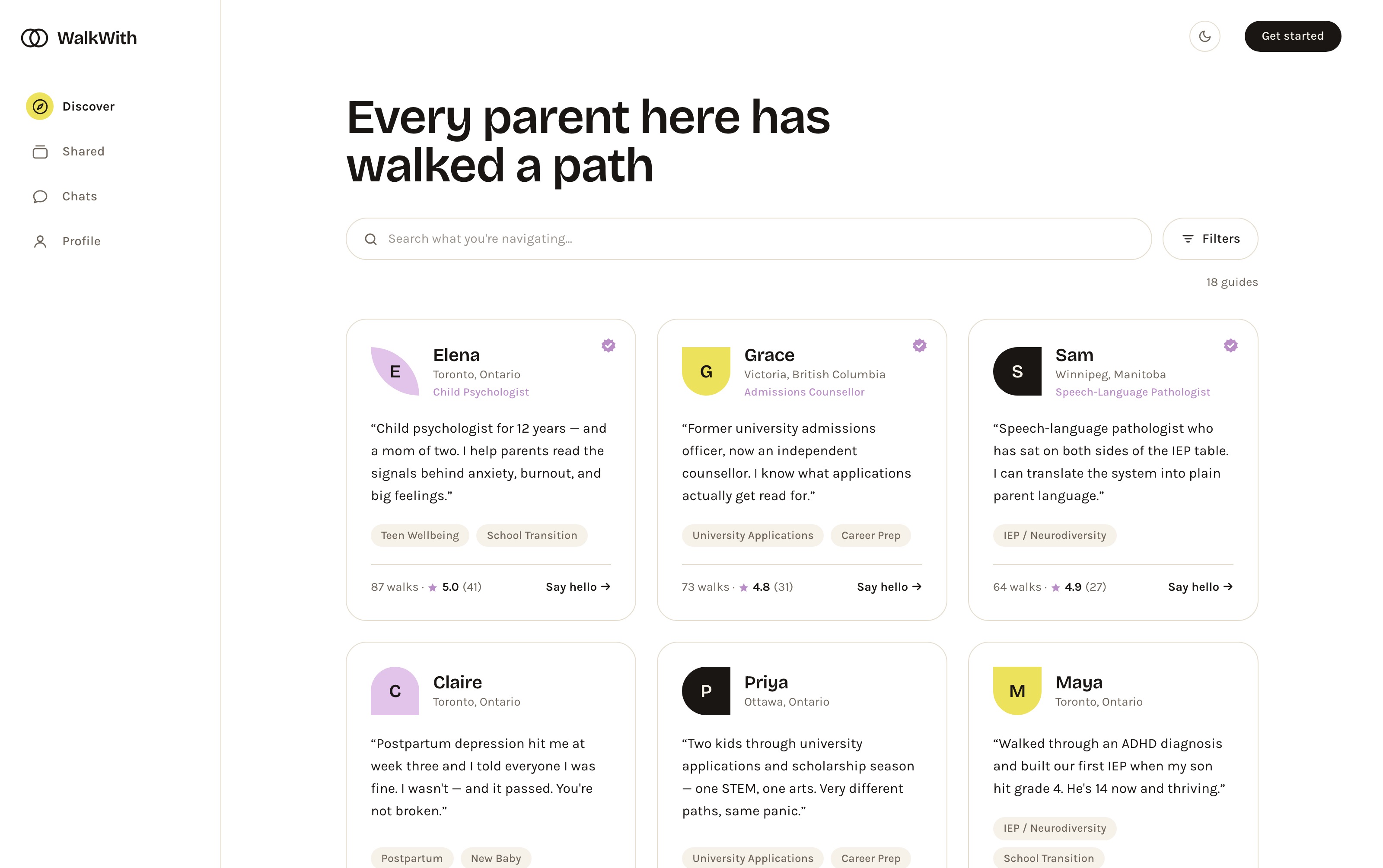 WalkWith — the Discover screen, where parents find someone who has walked the same path