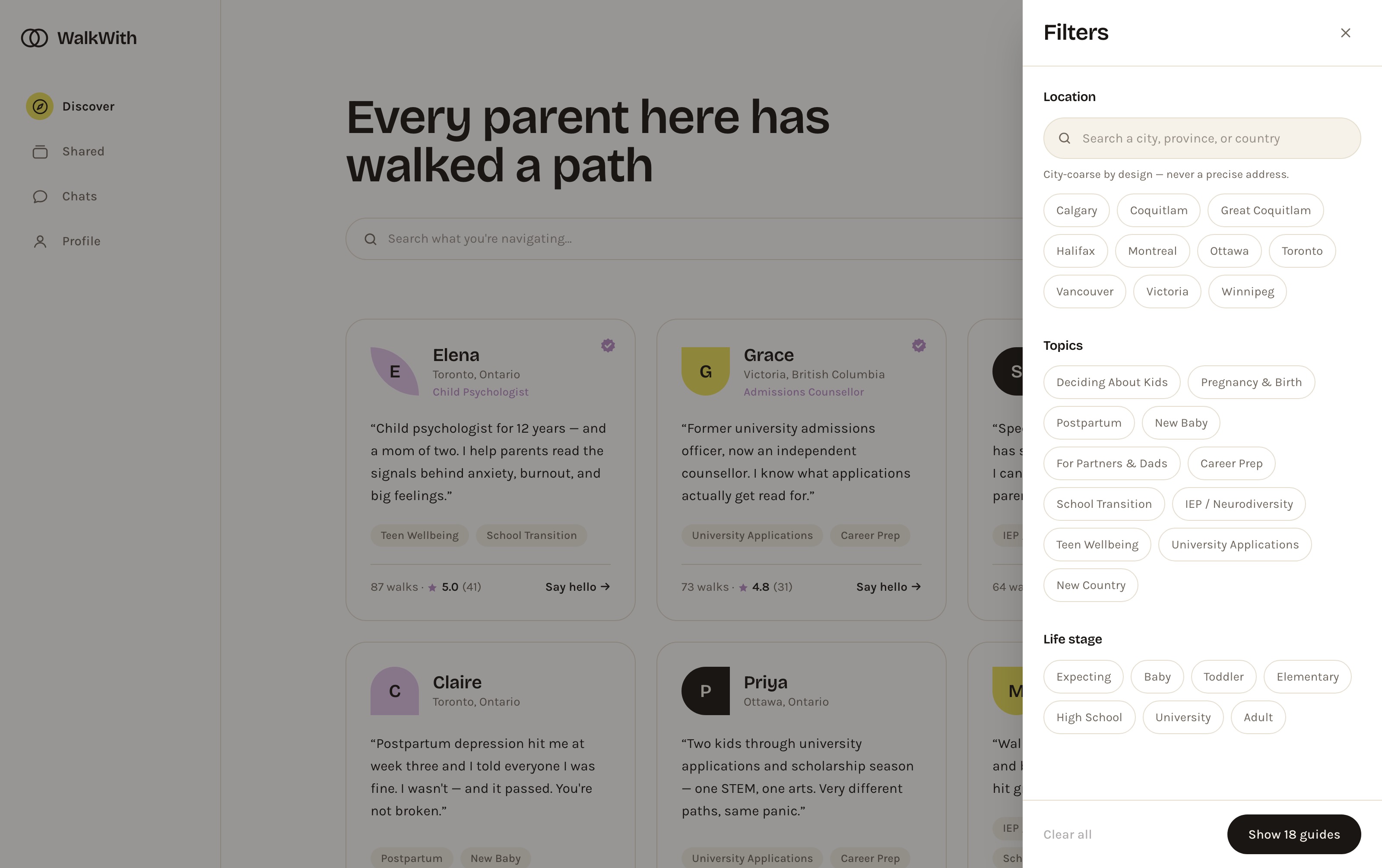 WalkWith filter panel — a location search with city chips and the note “City-coarse by design — never a precise address”, eleven topic chips, and seven life-stage chips from Expecting to Adult