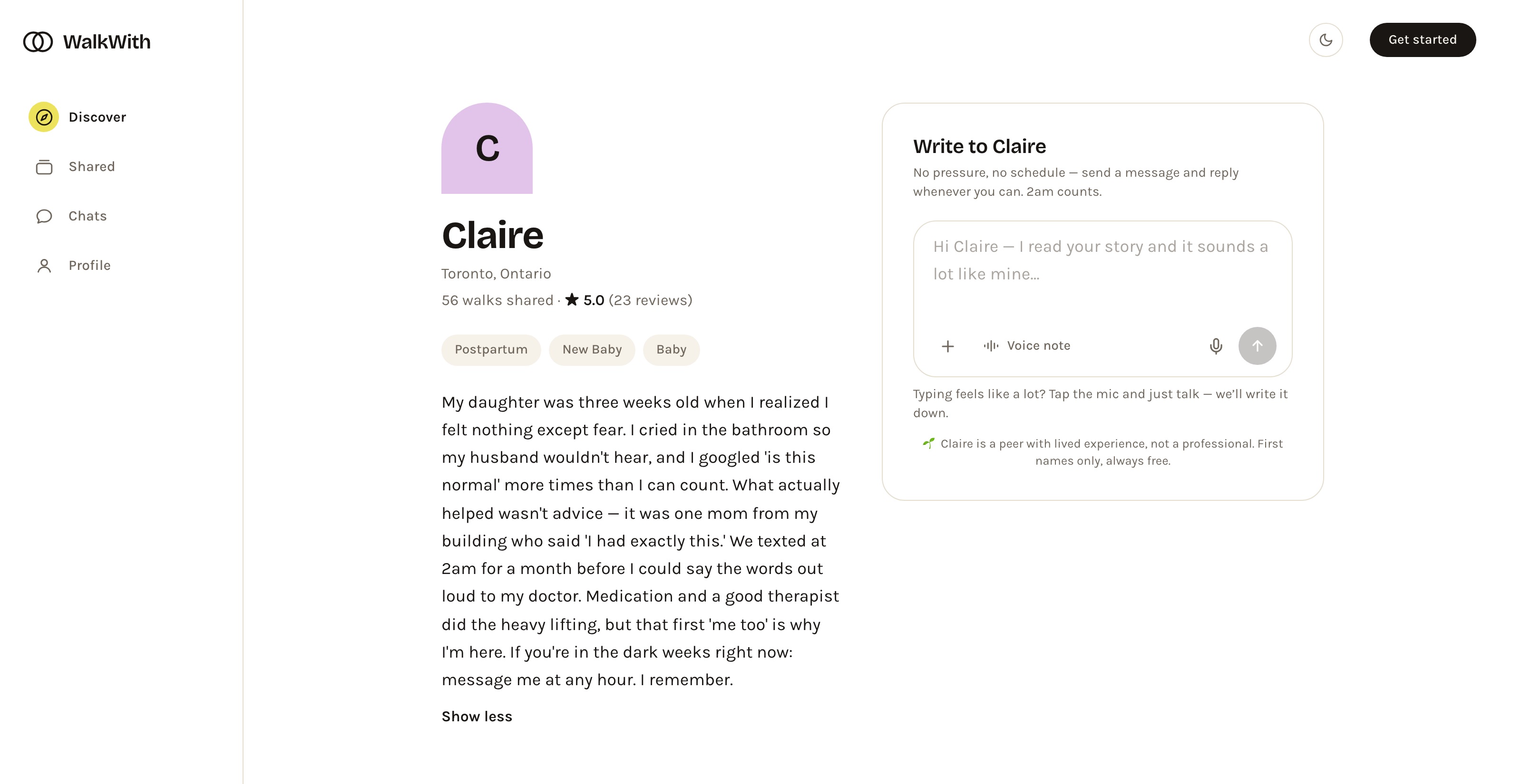 WalkWith guide profile for Claire — her full postpartum-depression story on the left, and a “Write to Claire” message box on the right with a voice-note option, a mic button, and a line noting she is a peer, not a professional