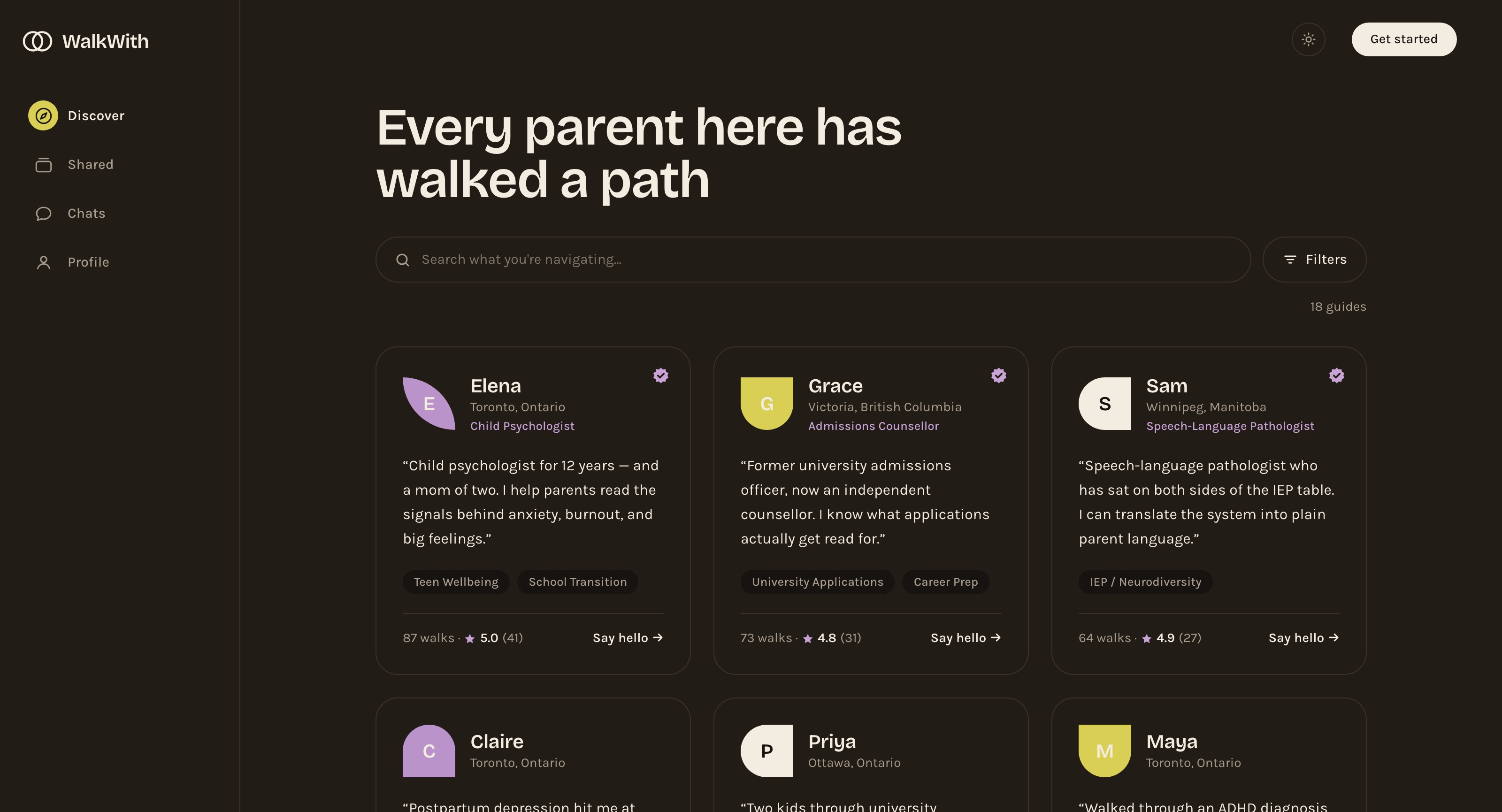 WalkWith Discover in dark mode — the headline “Every parent here has walked a path”, a plain-language search box, and a grid of guide cards each leading with a parent's own words